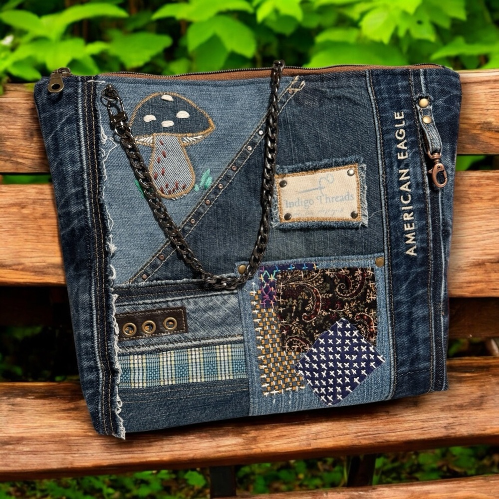 Upcycled Denim bag Patchwork mushroom embroidery & Sashiko boro inspire Tote Bag